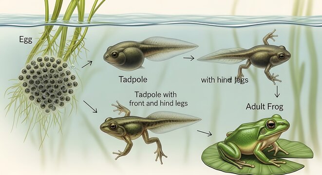 Life cycle stages of a frog from egg to adult.