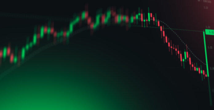 Abstract cryptocurrency trading chart background with glowing green and red candlestick price movement, dark financial market concept for investment, forex and digital currency design