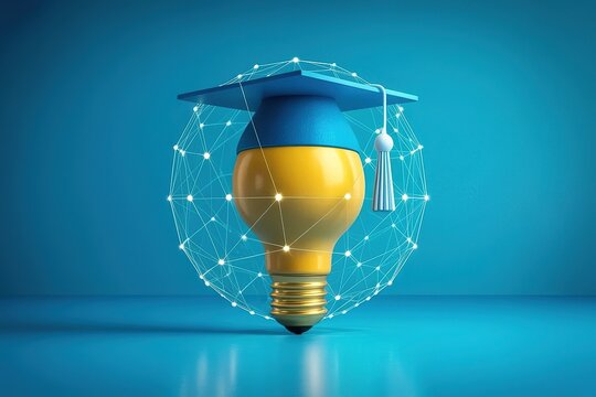 Yellow light bulb wearing a blue graduation cap inside a glowing network sphere