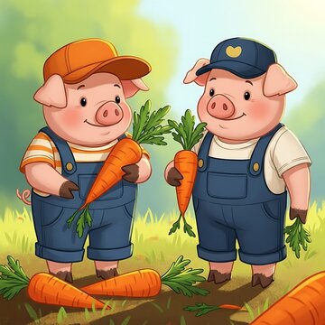 Two cheerful farmers holding carrots in a field.