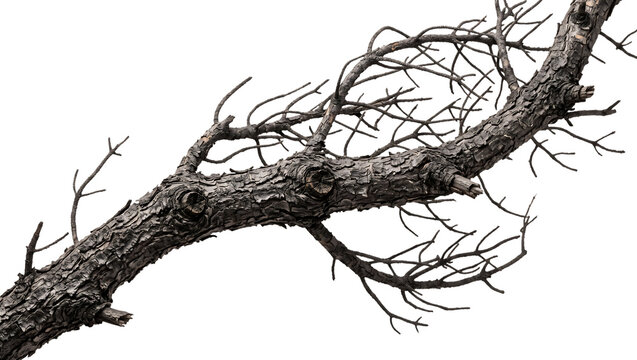 Charred dry tree branch with burnt cracked bark and bare dark twigs isolated on transparent background