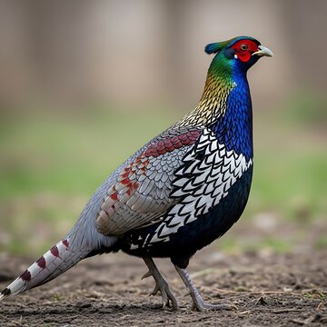 Colorful peacock standing on rocky ground outdoors.