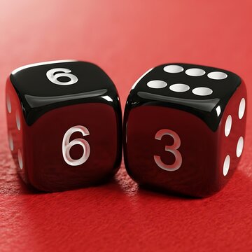 Two red dice with white pips on a red background.