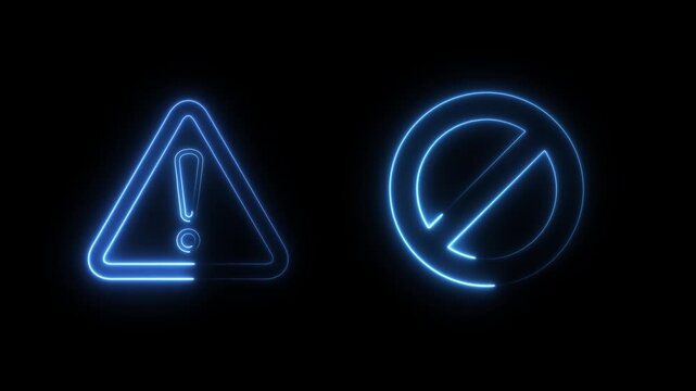 A vibrant neon animation featuring a glowing yellow warning triangle with an exclamation mark and a red prohibition circle symbol against a dark black background. Perfect for motion graphics, 