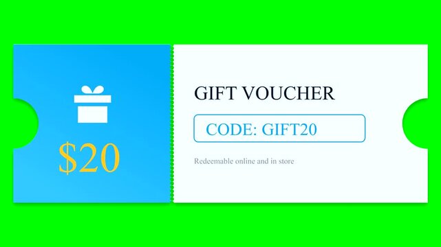 20 gift voucher coupon with promo code on green screen for e-commerce marketing and retail promotions