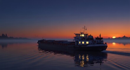 Naklejka premium Majestic cargo ship sailing at sunset on calm waters.