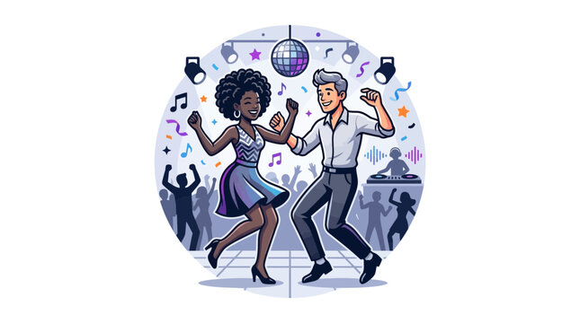 Couple dancing energetically under a disco ball surrounded by musical notes and confetti in a crowded club.