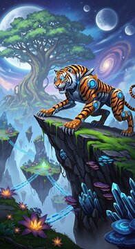 Majestic lion roaring in a mystical forest scene.