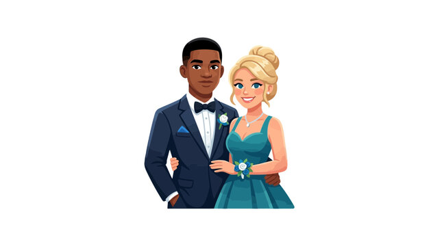 Interracial couple in formal wear smiling together at a festive prom night event.
