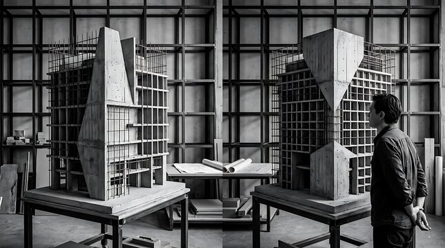 Architect examining a complex scale model in a studio diptych