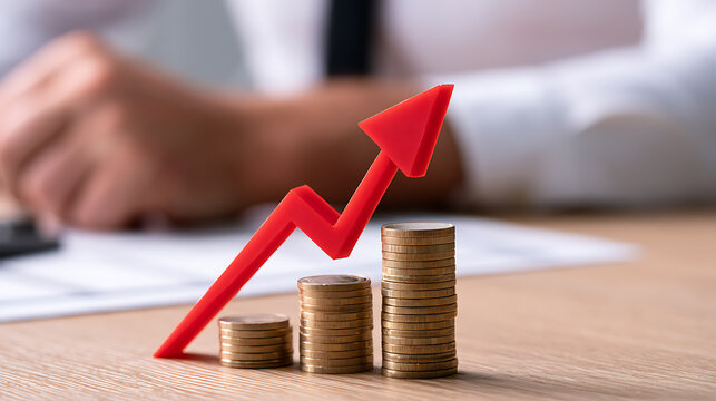 Conceptual image show economic growth, financial success, business progress. A red arrow point upward next to stacks of coins on a wooden desk