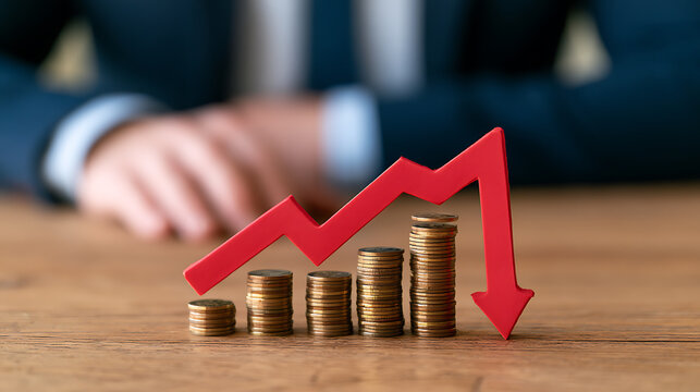 Red arrow showing decrease with stacked coins on a wooden table, symbolizing financial decline, market downturn, or economic recession in a business context