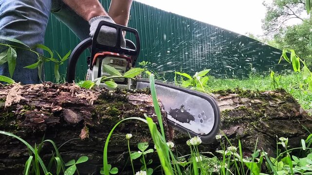 Worker cuts log with chainsaw. Green grass surrounds the log. Wood splinters fly into the air. Worker grips tool firmly. Background shows green fence. Perfect for outdoor labor or gardening projects