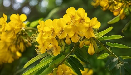 Obraz premium A Close Up Of The Bright Yellow Flowers Of Senna Spectabilis On Flowering Branches This Ornamental Tropical Tree Is Popular In Landscaping Beekeeping And Landscape Design