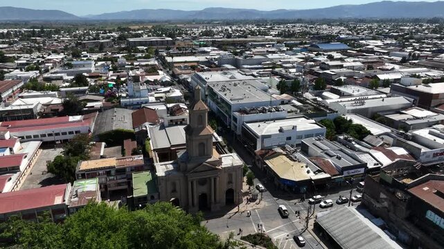 Aerial Drone View of Historic Curic&oacute; City Center with San Francisco Church Chile