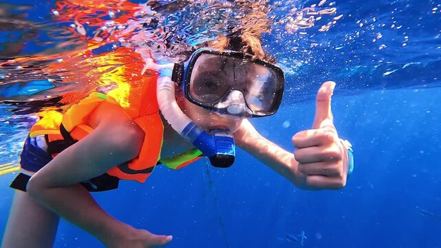 Person snorkels underwater, wearing bright gear. Sunlight filters through surface, creating beams. School of fish swims nearby, unbothered. Scene captures peaceful, immersive underwater adventure