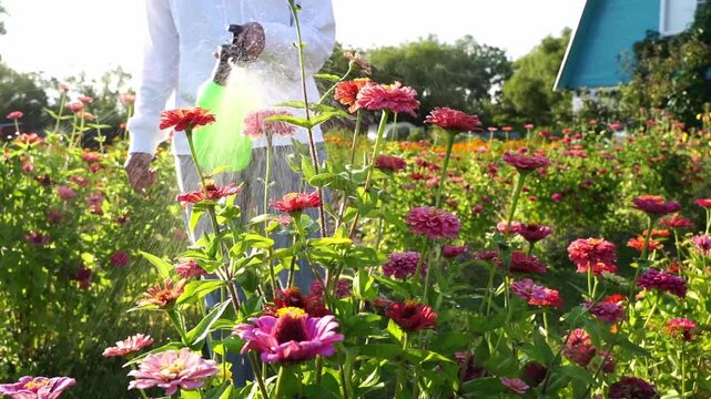 Person sprays garden flowers with green pump sprayer. Flowers are pink and purple, growing in rows. Sunlight glows behind the gardener's white shirt. Garden bed is full of blooming zinnias