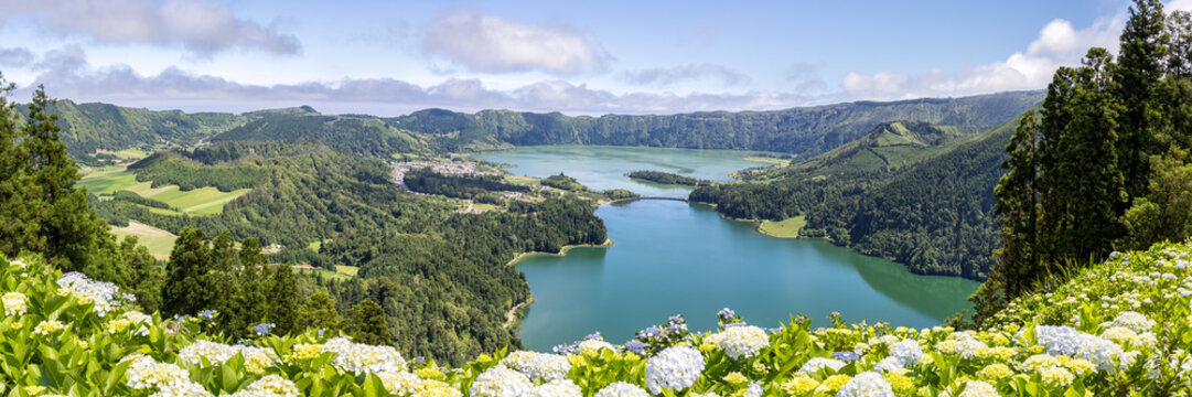 Azores view of Sete Cidades with Hydrangeas flowers panoramic view landscape nature on Sao Miguel island volcanic lake in Portugal
