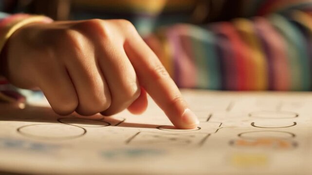 Child reading braille dots on tactile paper.