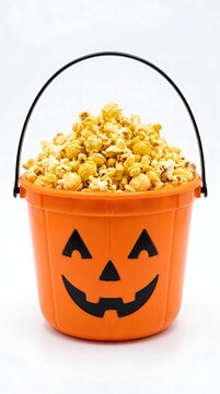 Halloween orange plastic pumpkin bucket filled with fresh popcorn halloween celebration jackolantern container delicious snacking