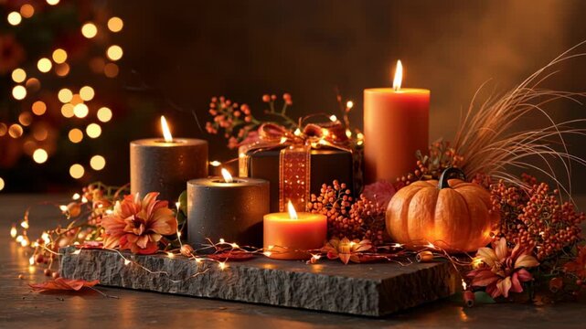 Cozy autumn and Thanksgiving still life with pumpkin, candles, dried orange, pinecones, cinnamon and evergreen branches, creating a warm rustic seasonal atmosphere.
