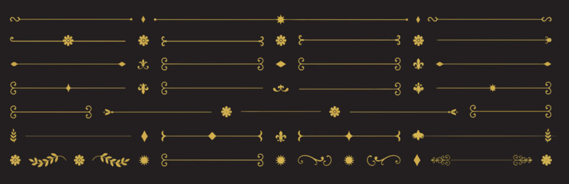 Set of gold decorative text dividers, ornate flourishes, and floral page separators on a white background