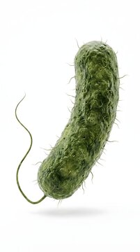 Microscopic view of a single green bacterium cell with a flagellum tail isolated on white background micro organism bacteria bacterium