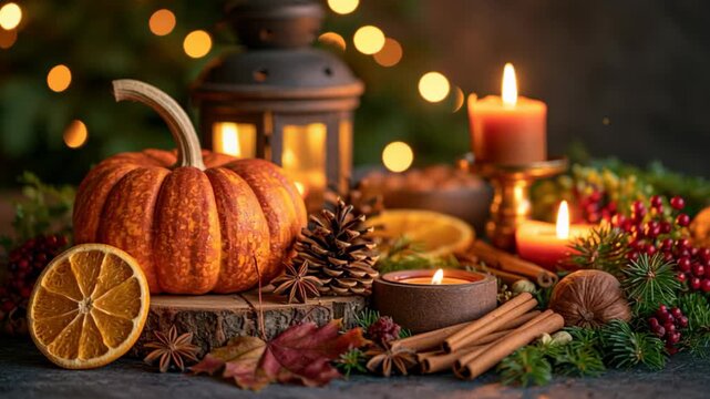 Cozy autumn and Thanksgiving still life with pumpkin, candles, dried orange, pinecones, cinnamon and evergreen branches, creating a warm rustic seasonal atmosphere.