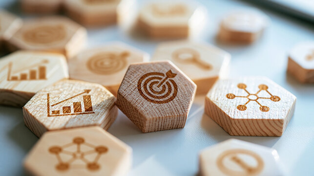 Wooden hexagons laid on a bright desk surface each printed with a business icon such as a chart target and network symbol crisp wood grain soft daylight orderly arrangement