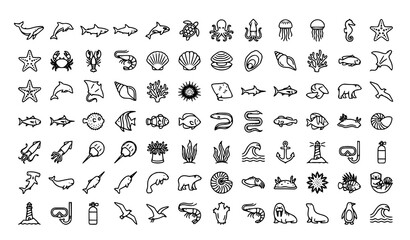 Fototapeta premium Modern Ocean Wildlife and Sea Creature Outline Icon Collection