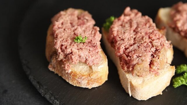 Sandwich meat terrine Spam or ham tasty snack or appetizer fresh delicious gourmet food background on the table rustic food top view copy space