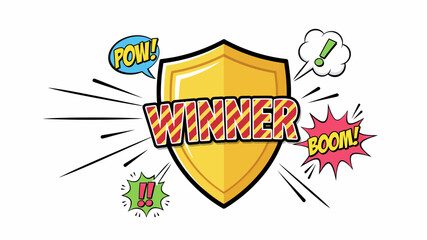 Bright comic style winner shield with explosion sound effects isolated background © Mili