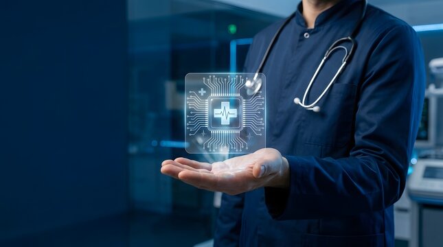 Medical professional displays a glowing digital cross symbol integrated into a circuit board to signify health technology advancement.