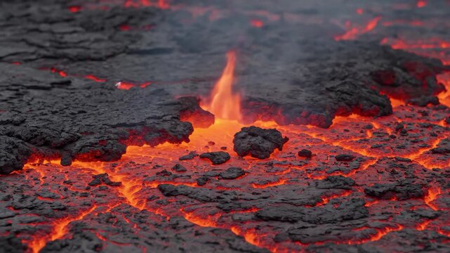 Molten lava flow with glowing orange magma crust