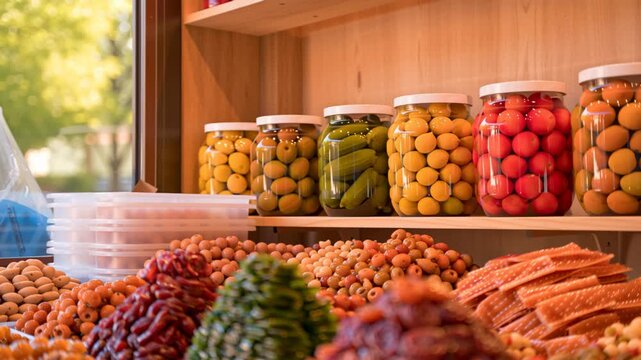 Traditional Persian market stall displaying colorful Iranian snacks and dried fruits, including layered saffron sweets, dried berries, nuts, and assorted delicacies arranged in abundance, creating a w
