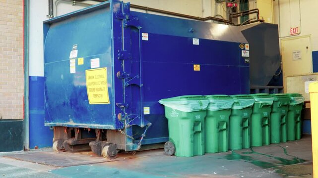 Industrial blue trash compactor container with green recycling bins in loading dock