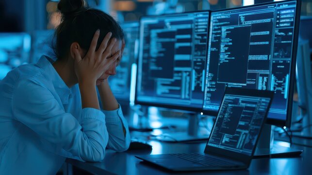 Stressed female software developer holding her head in front of coding monitors at night