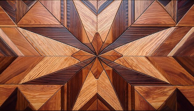 A Stunning Piece Of Wood Marquetry Showcases A Star Design Crafted From Rich Walnut And Oak Highlighting Intricate Detailing In A Parquet Arrangement