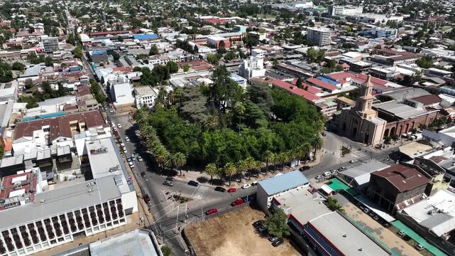 Aerial Drone View of Historic Curic&oacute; City Center with San Francisco Church Chile