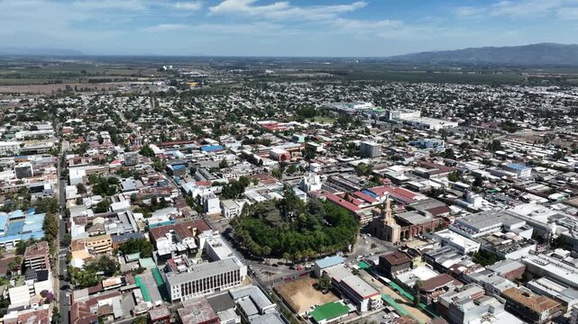 Aerial Drone View of Historic Curic&oacute; City Center with San Francisco Church Chile