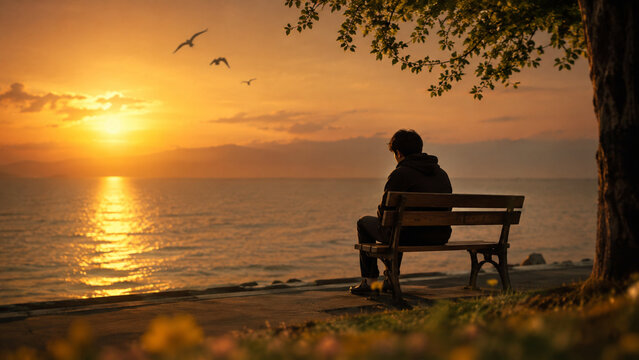 Lonely Young Man Sitting Alone on Seaside Bench at Golden Hour, Solitude and Melancholy Concept