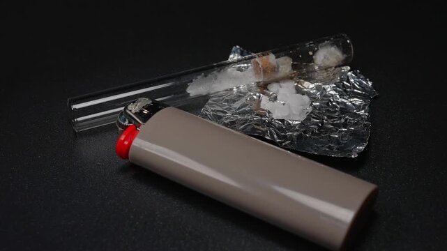 Fentanyl or crystal meth is widely used stimulant in current drug trend. Methamphetamine mixed with fentanyl as crystals in foil. Illicit substance in foil bag for transportation and sale.