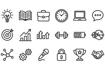 Fototapeta premium Set of simple black line business and technology icons for web design and mobile applications isolated on white