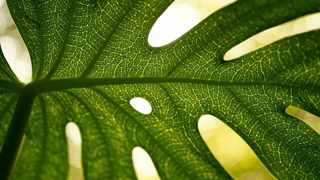 Macro close-up of green Monstera leaf with holes.