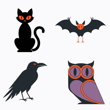 Halloween animal icons set, flat vector black cat and bat illustrations, spooky raven and owl characters for party decor