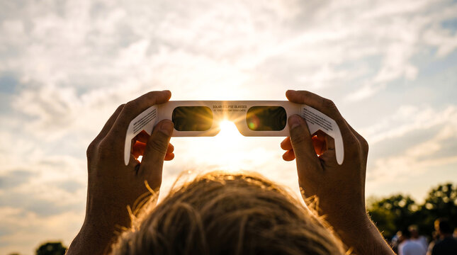 Person holding solar eclipse glasses up to the sun