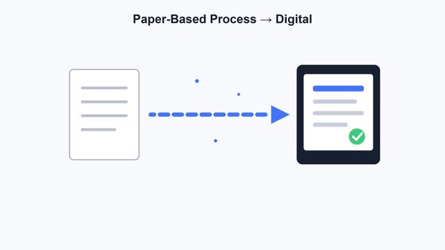 Digital transformation animation, paper-based process to digital transition, document scanning and electronic storage concept, office automation workflow