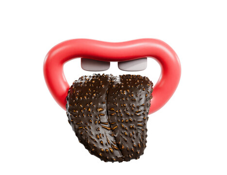 3d lips icon with stylised chocolate tongue, transparent background