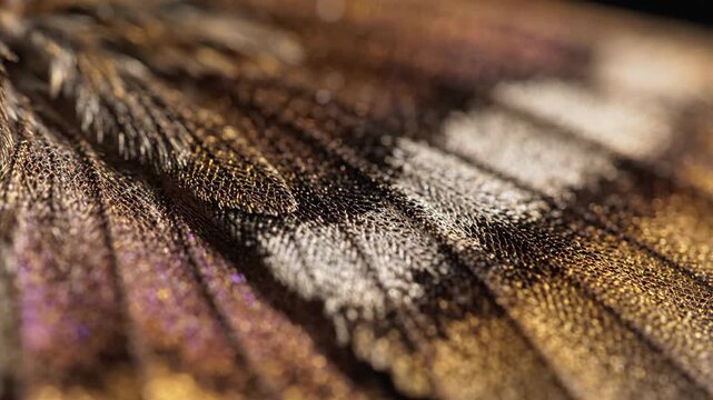 Macro of iridescent butterfly wing with gold and purple scales