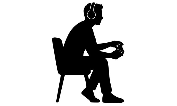 Black silhouette of a gamer sitting in a chair wearing headphones and holding a controller, a bold vector icon representing esports, gaming lifestyle, and online streaming culture